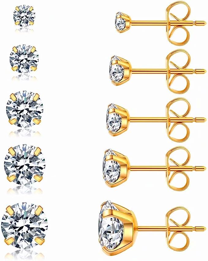 Starlet Zirconia Stud Set (5 Pairs) – 14K Gold Waterproof