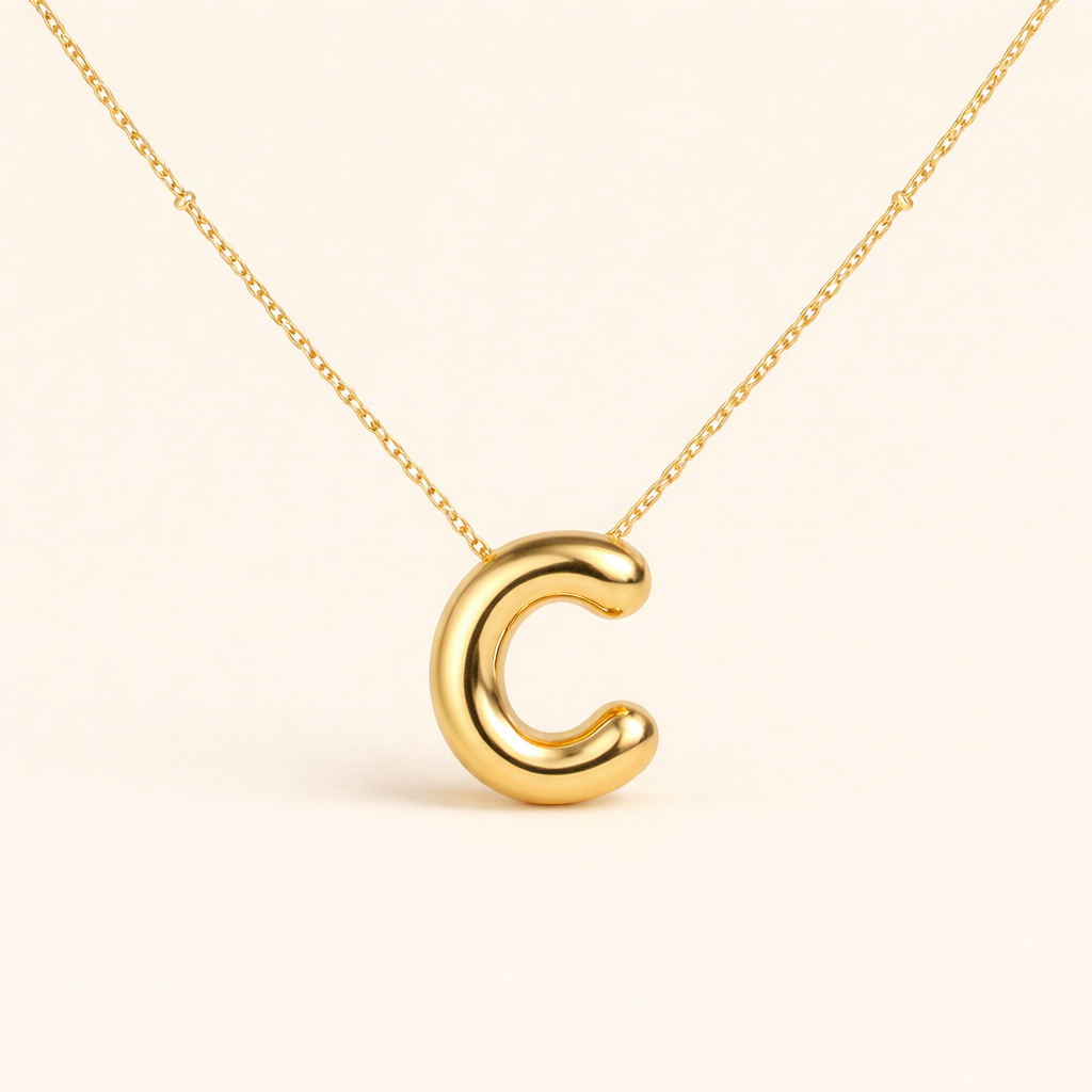 Puffy Bubble Letter Initial Necklace – 14K Gold Waterproof