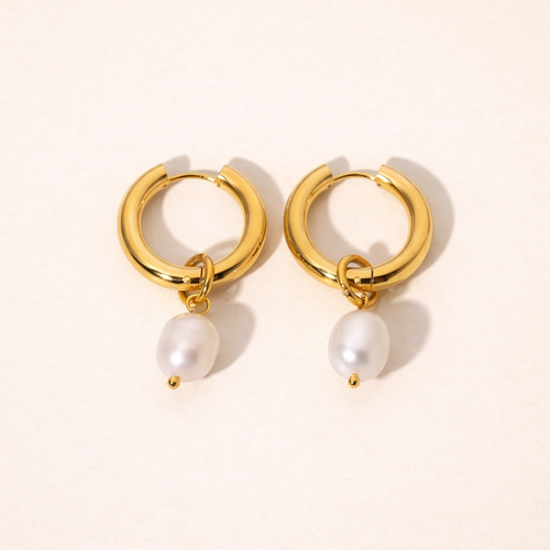 Sirena Pearl Drop Hoop Earrings – 14K Gold Waterproof