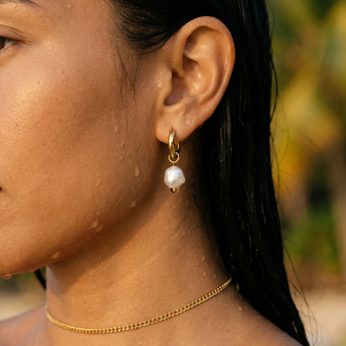 Sirena Pearl Drop Hoop Earrings – 14K Gold Waterproof