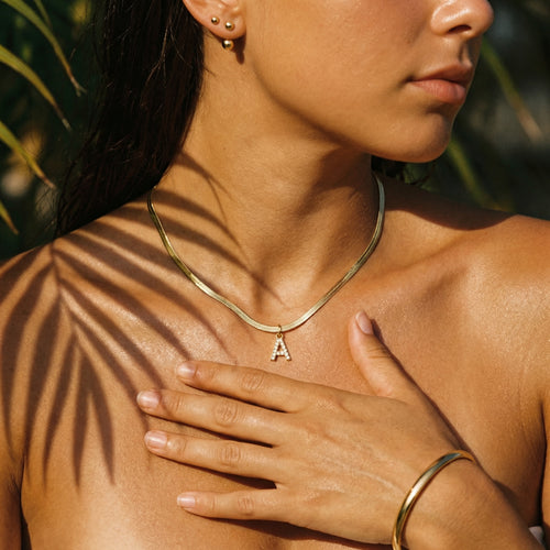 Diamond Initial Herringbone Necklace – 18K Gold Waterproof