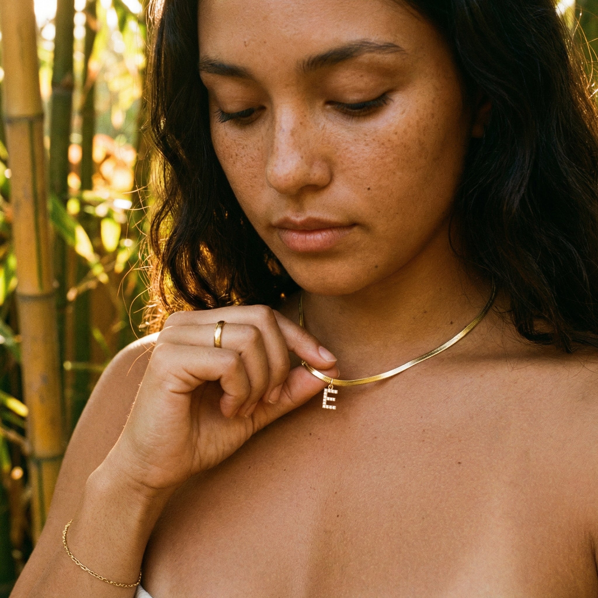 Diamond Initial Herringbone Necklace – 18K Gold Waterproof