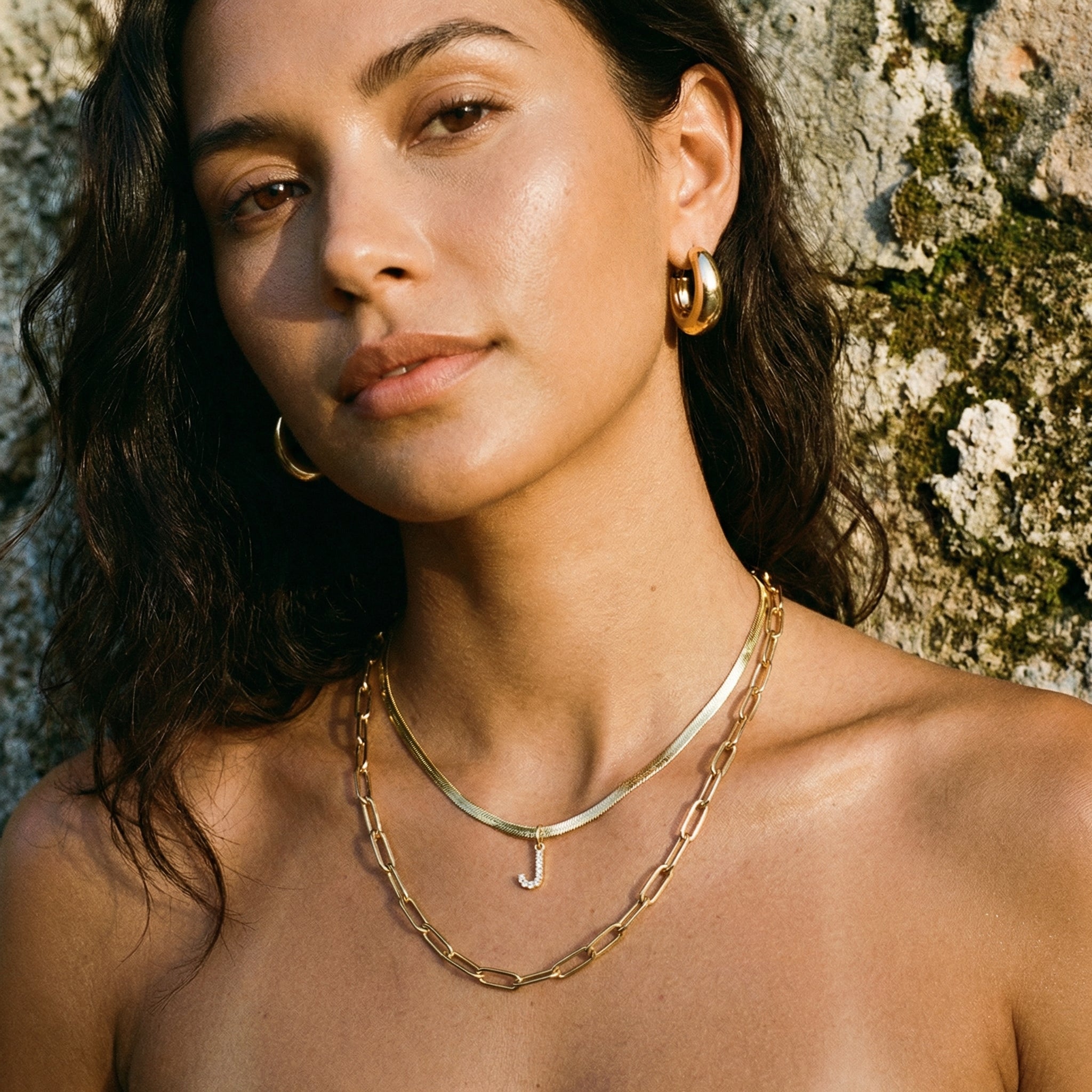 Diamond Initial Herringbone Necklace – 18K Gold Waterproof