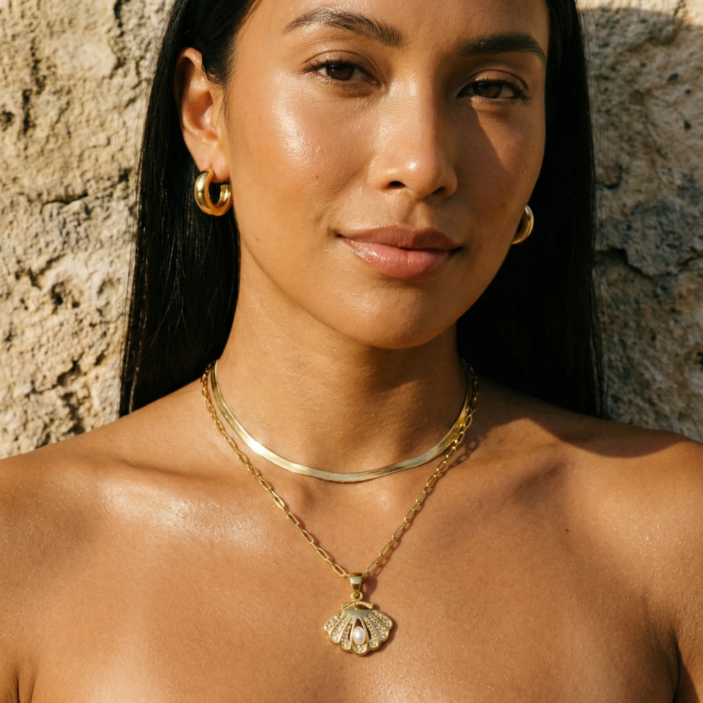 Oceana Shell Pearl Pendant Necklace – 14K Gold Waterproof